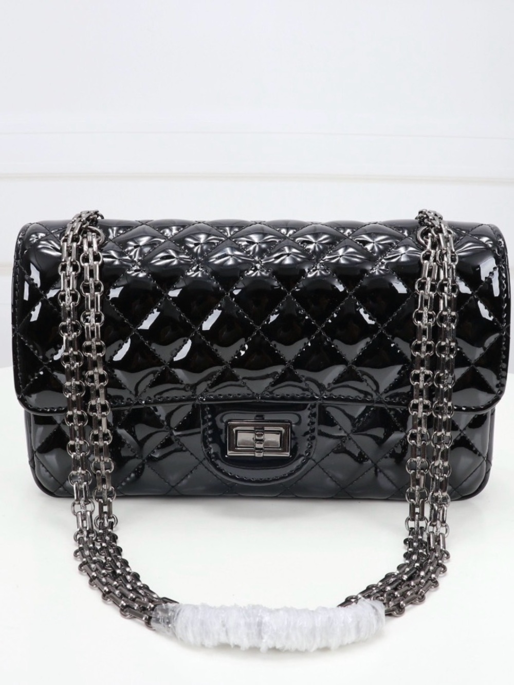 Glossy Black Quilted Patent Shoulder Bag with Chain Strap